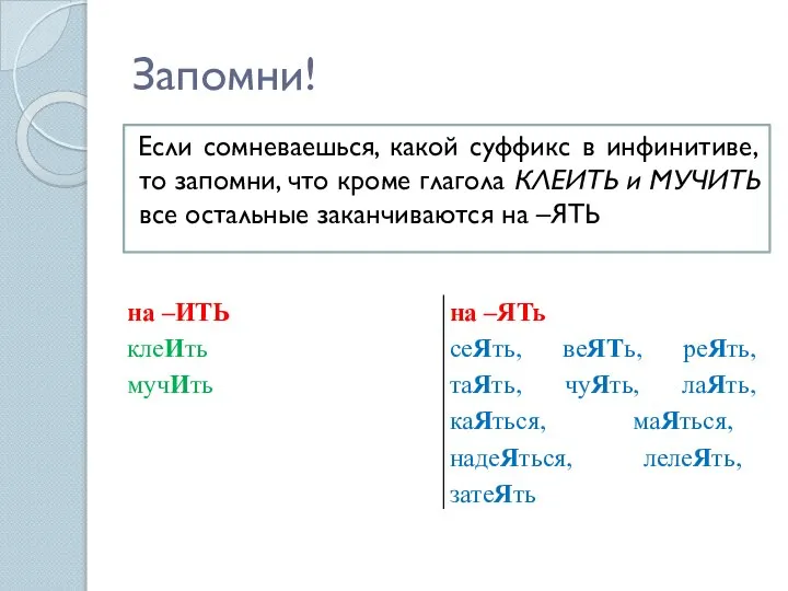 Запомни! Если сомневаешься, какой суффикс в инфинитиве, то запомни, что кроме