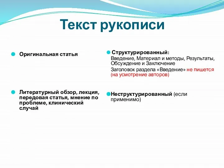 Текст рукописи Оригинальная статья Литературный обзор, лекция, передовая статья, мнение по