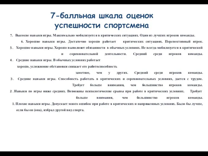 7-балльная шкала оценок успешности спортсмена 7. Высокие навыки игры. Максимально мобилизуется