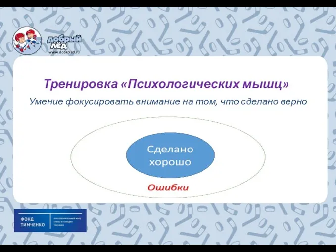 Тренировка «Психологических мышц» Умение фокусировать внимание на том, что сделано верно