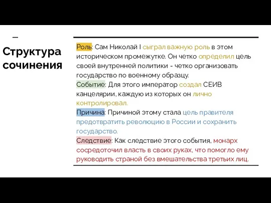 Структура сочинения Роль: Сам Николай I сыграл важную роль в этом