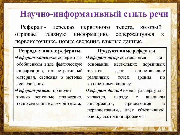 Научно-информативный стиль речи Реферат - пересказ первичного текста, который отражает главную