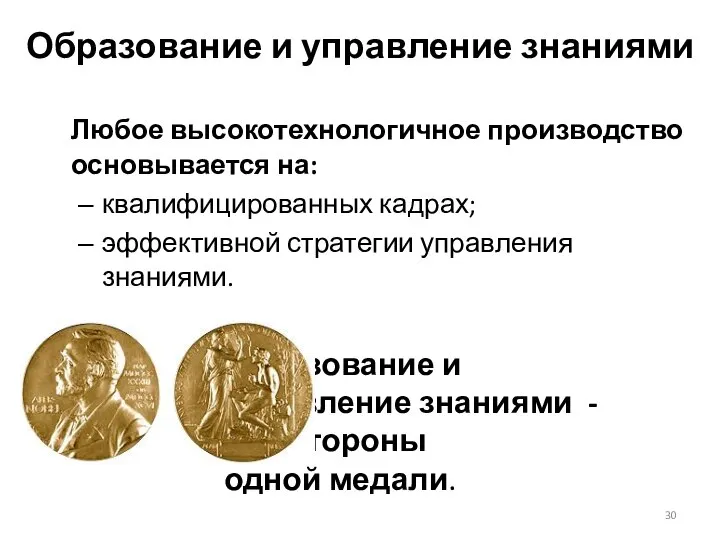 Образование и управление знаниями Любое высокотехнологичное производство основывается на: квалифицированных кадрах;