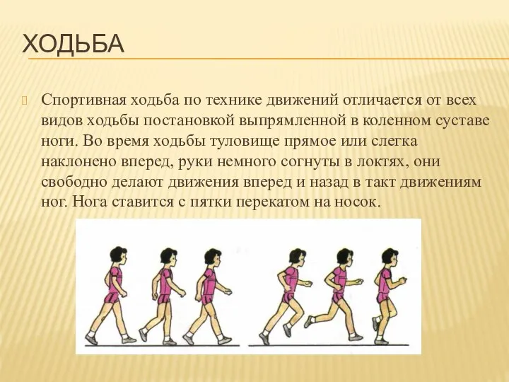 ХОДЬБА Спортивная ходьба по технике движений отличается от всех видов ходьбы