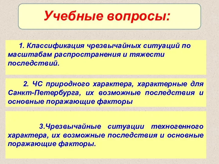 Учебные вопросы: 1. Классификация чрезвычайных ситуаций по масштабам распространения и тяжести