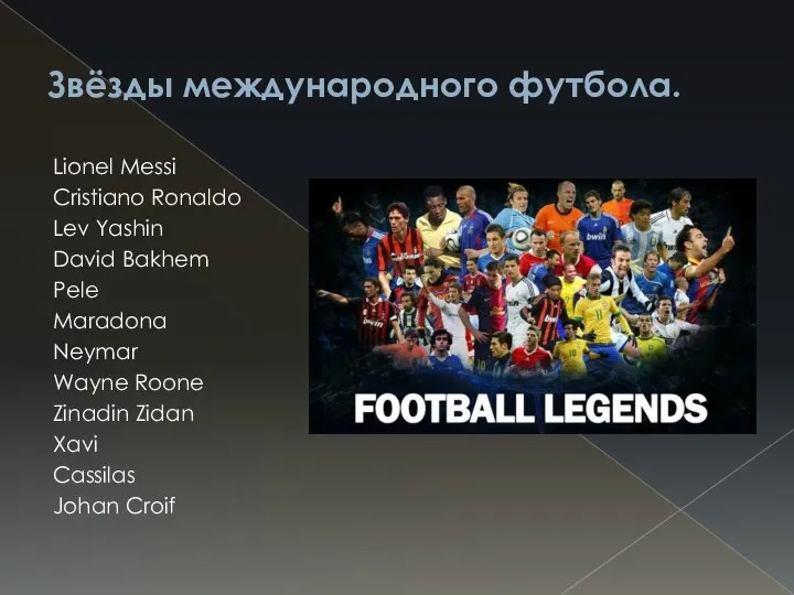 Звёзды международного футбола. Lionel Messi Cristiano Ronaldo Lev Yashin David Bakhem
