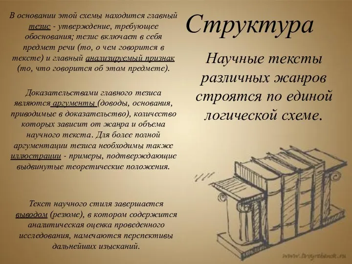 Структура Текст научного стиля завершается выводом (резюме), в котором содержится аналитическая