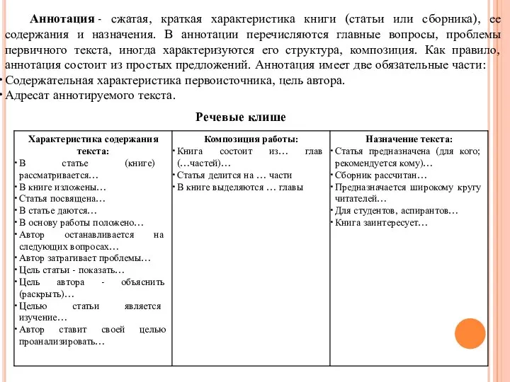 Аннотация - сжатая, краткая характеристика книги (статьи или сборника), ее содержания