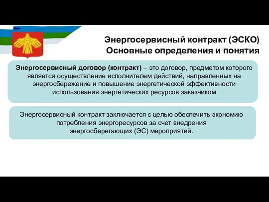 Энергосервисный контракт (ЭСКО) Основные определения и понятия Энергосервисный договор (контракт) –