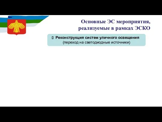 Основные ЭС мероприятия, реализуемые в рамках ЭСКО Реконструкция систем уличного освещения (переход на светодиодные источники)