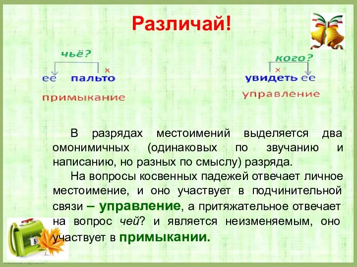 Различай! В разрядах местоимений выделяется два омонимичных (одинаковых по звучанию и