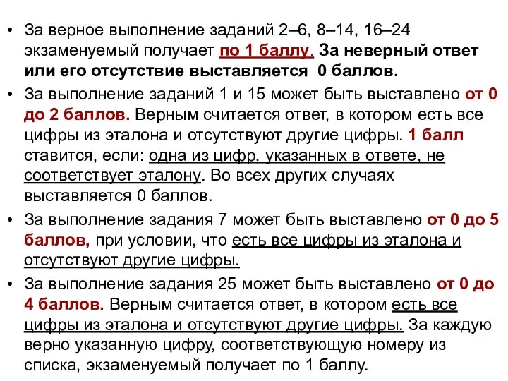 За верное выполнение заданий 2–6, 8–14, 16–24 экзаменуемый получает по 1