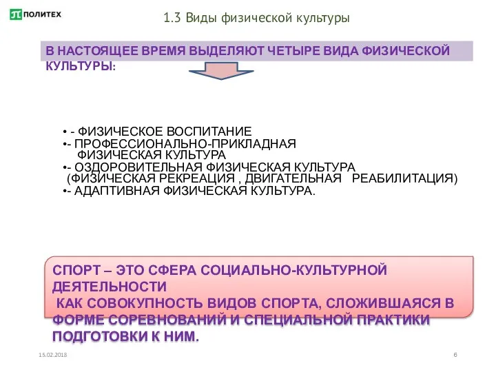 15.02.2018 1.3 Виды физической культуры В НАСТОЯЩЕЕ ВРЕМЯ ВЫДЕЛЯЮТ ЧЕТЫРЕ ВИДА