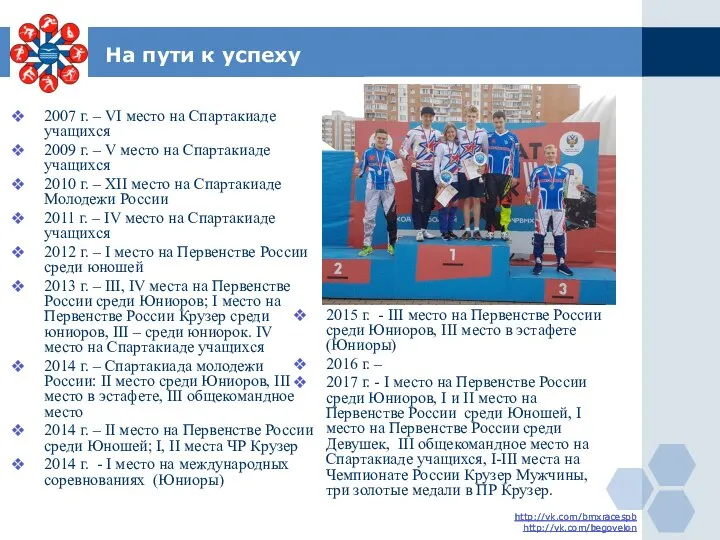 http://vk.com/bmxracespb http://vk.com/begovelon На пути к успеху 2007 г. – VI место