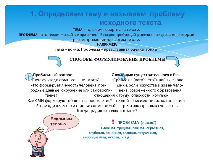 1. Определяем тему и называем проблему исходного текста. ТЕМА – то,