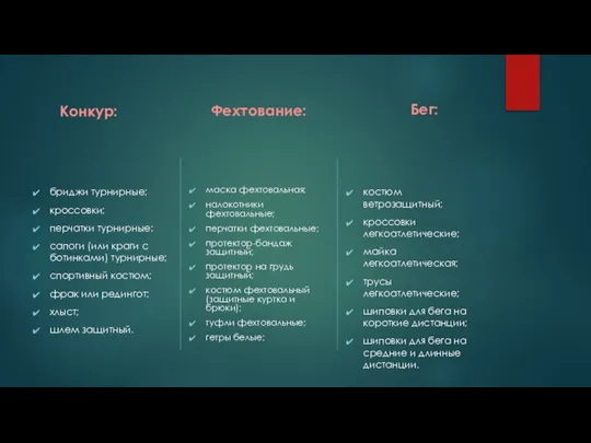 Конкур: бриджи турнирные; кроссовки; перчатки турнирные; сапоги (или краги с ботинками)