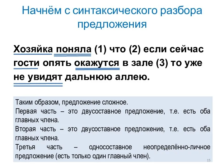 Начнём с синтаксического разбора предложения Хозяйка поняла (1) что (2) если