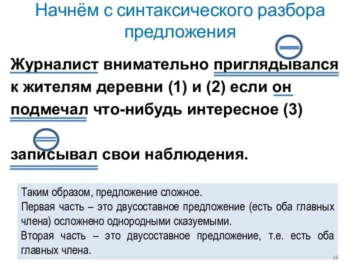 Начнём с синтаксического разбора предложения Журналист внимательно приглядывался к жителям деревни