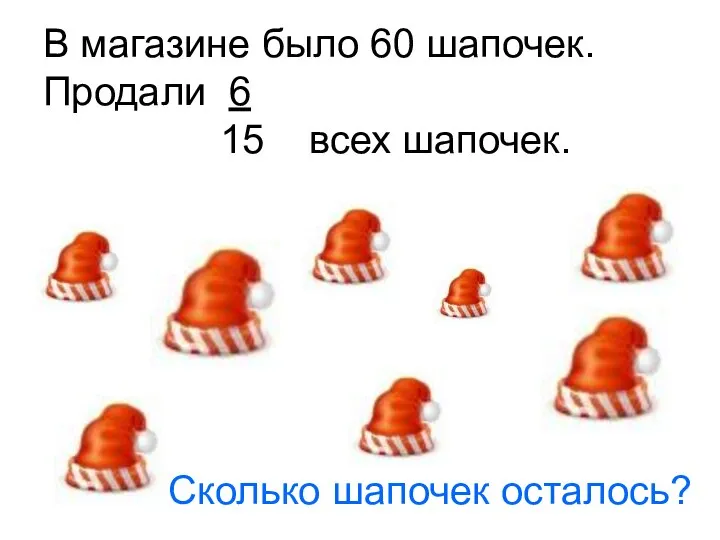 В магазине было 60 шапочек. Продали 6 15 всех шапочек. Сколько шапочек осталось?