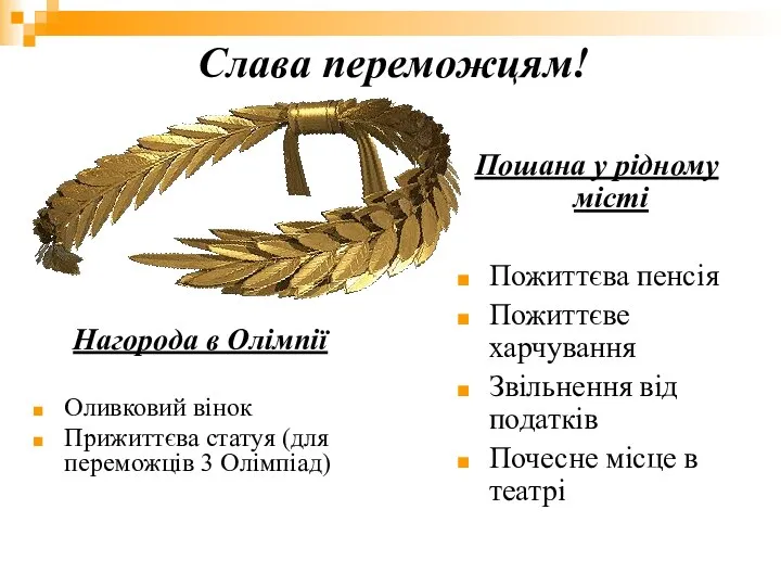 Слава переможцям! Нагорода в Олімпії Оливковий вінок Прижиттєва статуя (для переможців