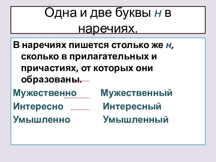 Одна и две буквы н в наречиях. В наречиях пишется столько