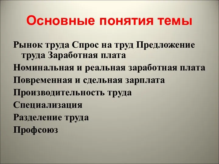 Основные понятия темы Рынок труда Спрос на труд Предложение труда Заработная