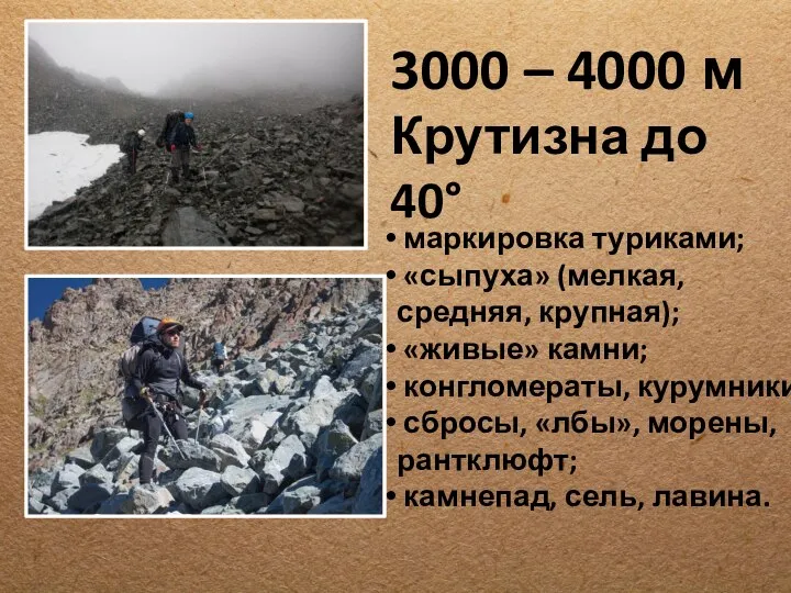 3000 – 4000 м Крутизна до 40° маркировка туриками; «сыпуха» (мелкая,