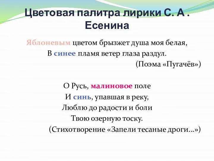 Цветовая палитра лирики С. А . Есенина Яблоневым цветом брызжет душа