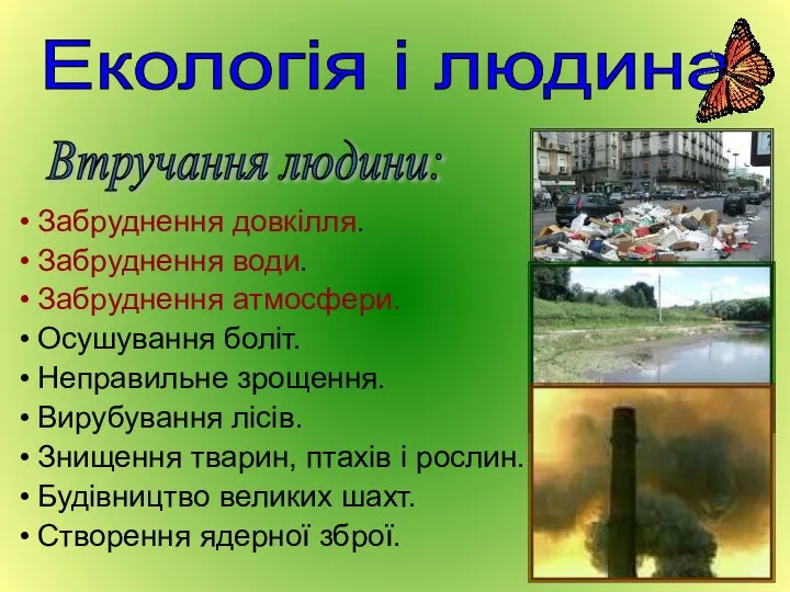 Забруднення довкілля. Забруднення води. Забруднення атмосфери. Осушування боліт. Неправильне зрощення. Вирубування