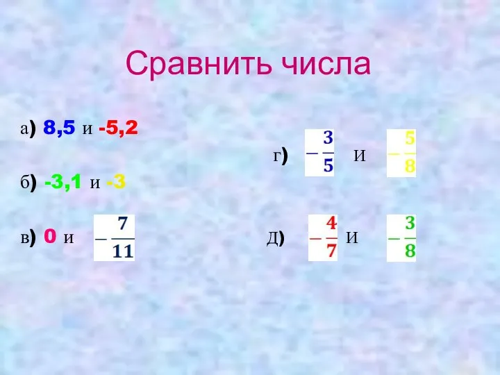 Сравнить числа а) 8,5 и -5,2 г) И б) -3,1 и