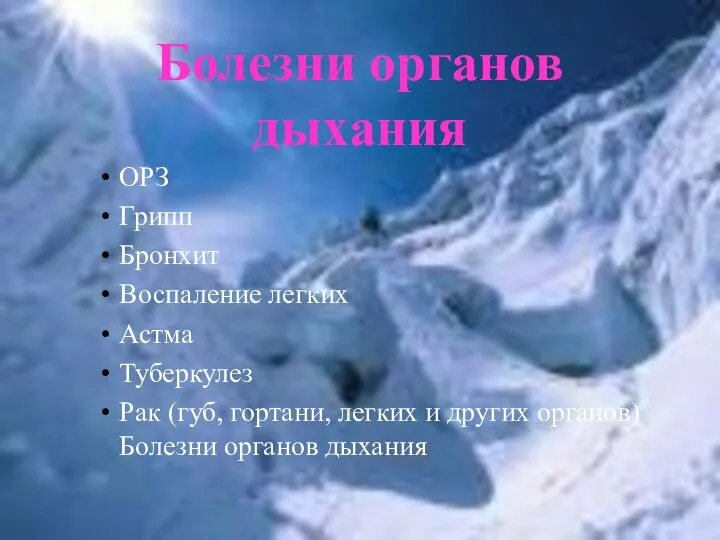 Болезни органов дыхания ОРЗ Грипп Бронхит Воспаление легких Астма Туберкулез Рак