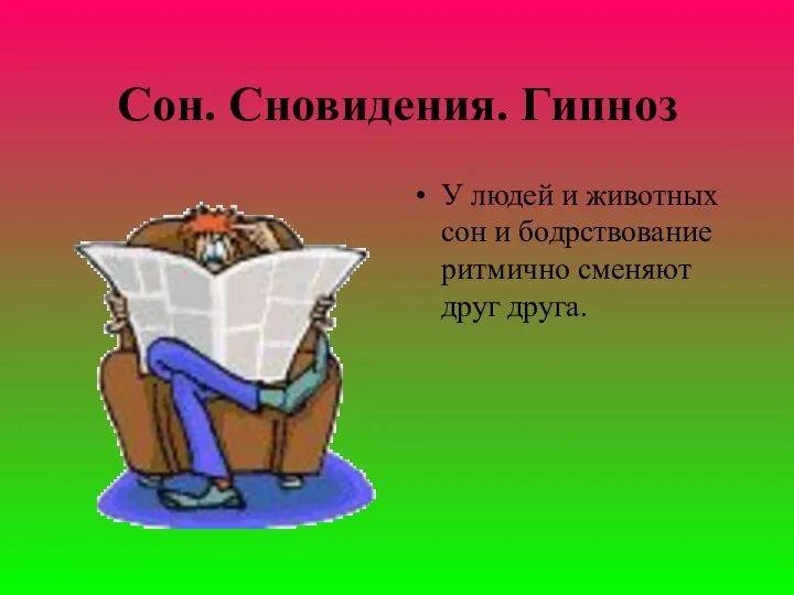 Сон. Сновидения. Гипноз У людей и животных сон и бодрствование ритмично сменяют друг друга.