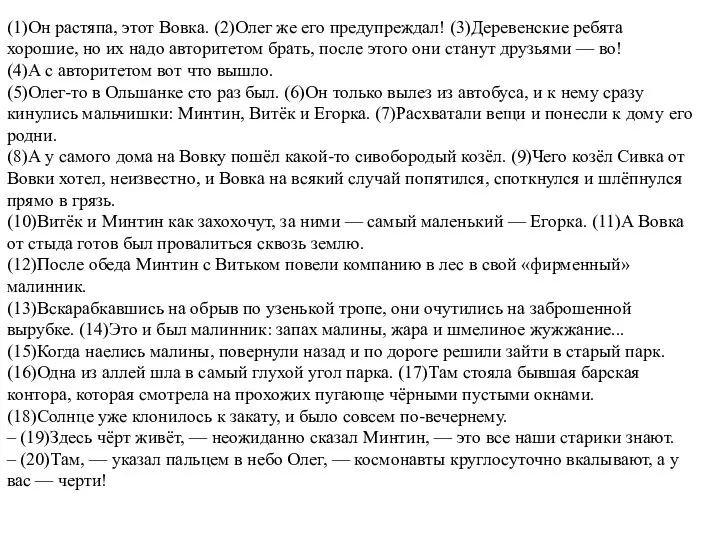 (1)Он растяпа, этот Вовка. (2)Олег же его предупреждал! (3)Деревенские ребята хорошие,