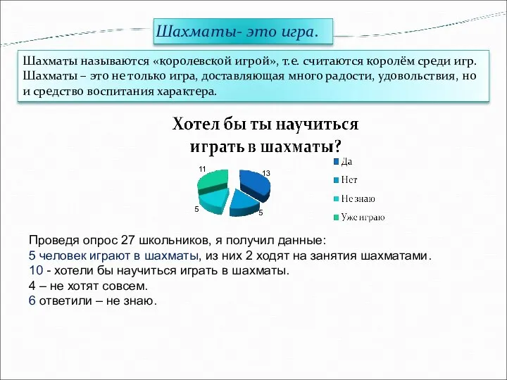 Проведя опрос 27 школьников, я получил данные: 5 человек играют в