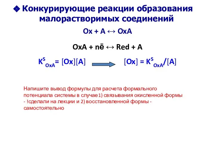 Конкурирующие реакции образования малорастворимых соединений Ox + A ↔ OxA OxA