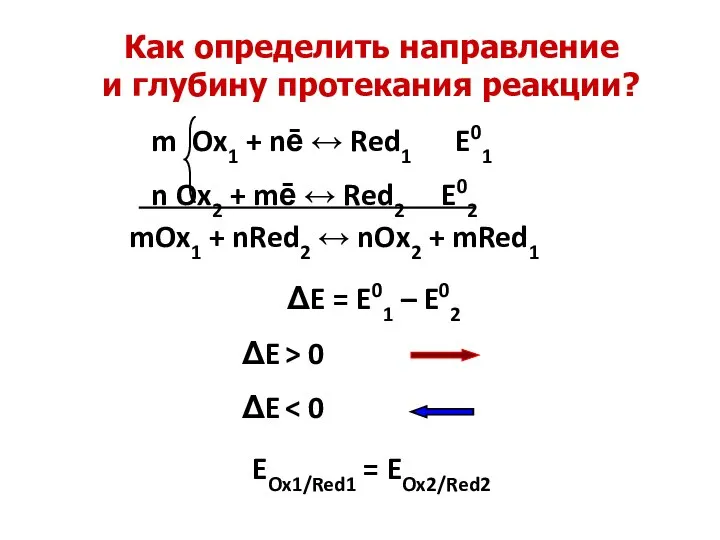 Как определить направление и глубину протекания реакции? m Ox1 + nē