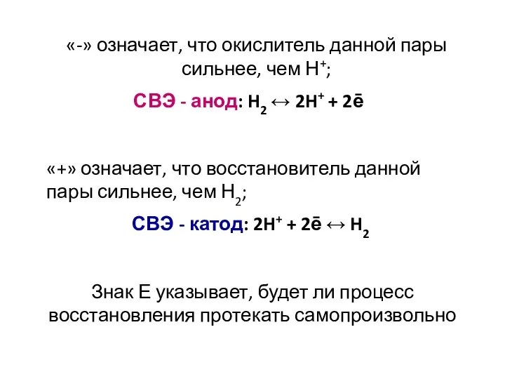 «-» означает, что окислитель данной пары сильнее, чем Н+; СВЭ -