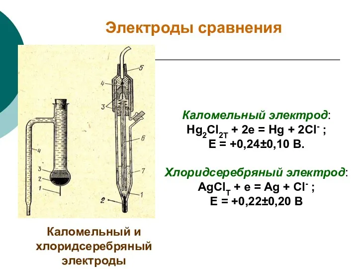 Электроды сравнения Каломельный и хлоридсеребряный электроды Каломельный электрод: Hg2Cl2Т + 2e