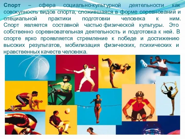 Спорт – сфера социально-культурной деятельности как совокупность видов спорта, сложившаяся в