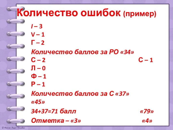 Количество ошибок (пример) I – 3 V – 1 Г –