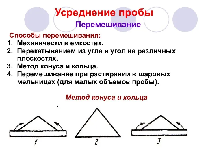 Усреднение пробы Перемешивание Способы перемешивания: Механически в емкостях. Перекатыванием из угла