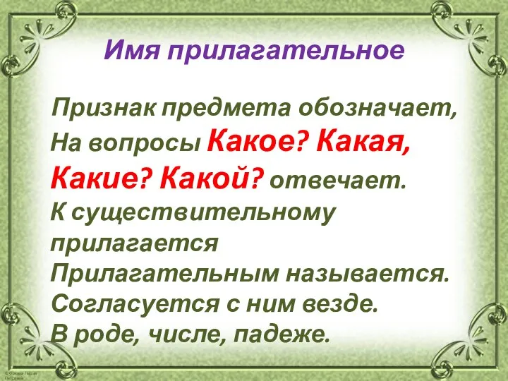 Имя прилагательное Признак предмета обозначает, На вопросы Какое? Какая, Какие? Какой?