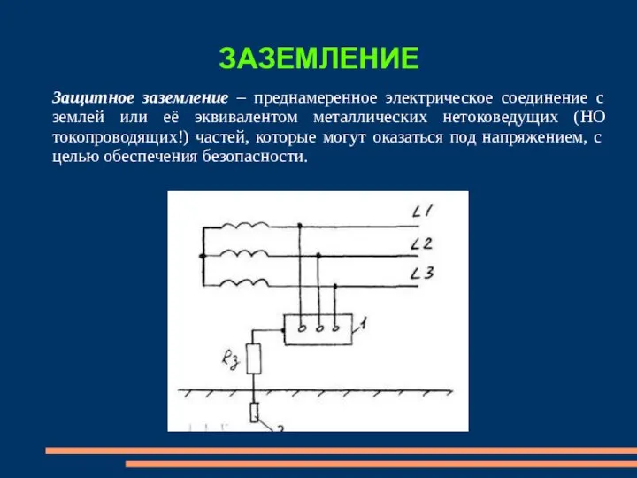 ЗАЗЕМЛЕНИЕ Защитное заземление – преднамеренное электрическое соединение с землей или её