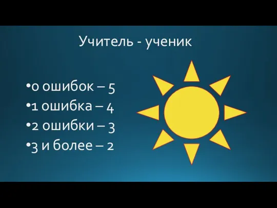 Учитель - ученик 0 ошибок – 5 1 ошибка – 4