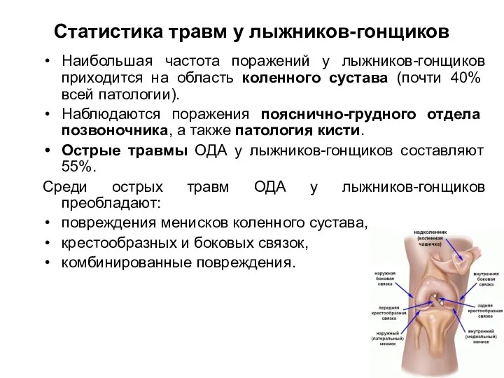 Статистика травм у лыжников-гонщиков Наибольшая частота поражений у лыжников-гонщиков приходится на