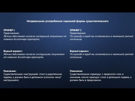 Неправильное употребление падежной формы существительного ПРИМЕР 1 Предложение: Лётчик действовал согласно