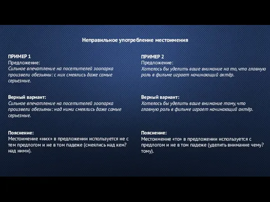 Неправильное употребление местоимения ПРИМЕР 1 Предложение: Сильное впечатление на посетителей зоопарка