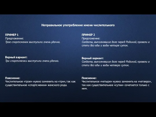 Неправильное употребление имени числительного ПРИМЕР 1 Предложение: Трое спортсменок выступили очень