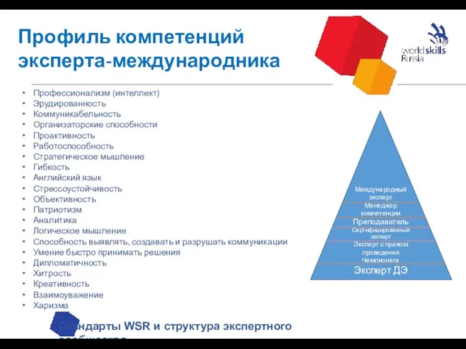 Профиль компетенций эксперта-международника Стандарты WSR и структура экспертного сообщества Международный эксперт