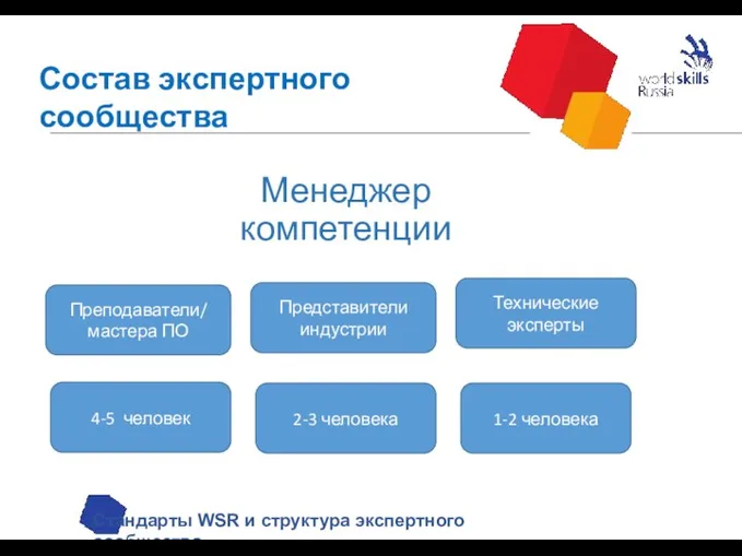 Состав экспертного сообщества Стандарты WSR и структура экспертного сообщества Менеджер компетенции